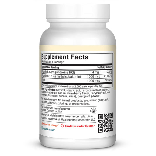 Maxi Health Triple B Lozenges strawberry label with clear nutrition details.
