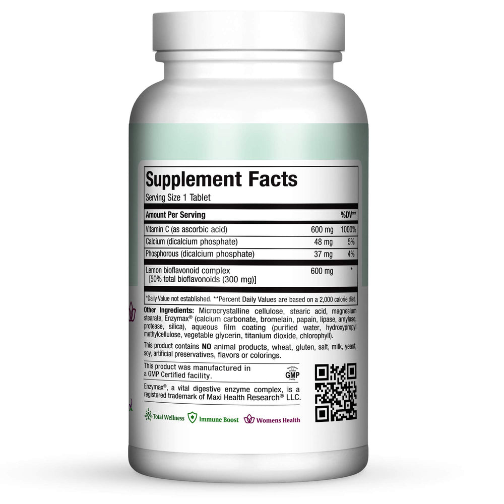 Maxi Health Vitamin C 600mg bottle pour showing easy daily dosing and absorption support.