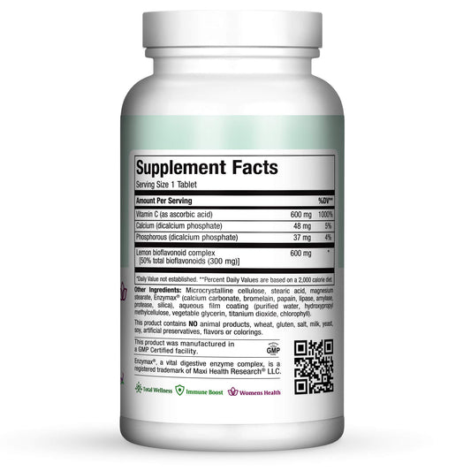 Maxi Health Vitamin C 600mg bottle pour showing easy daily dosing and absorption support.