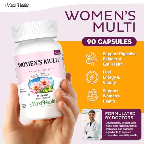 Back label of Maxi Health Womens Multivitamin shows ingredient highlights.