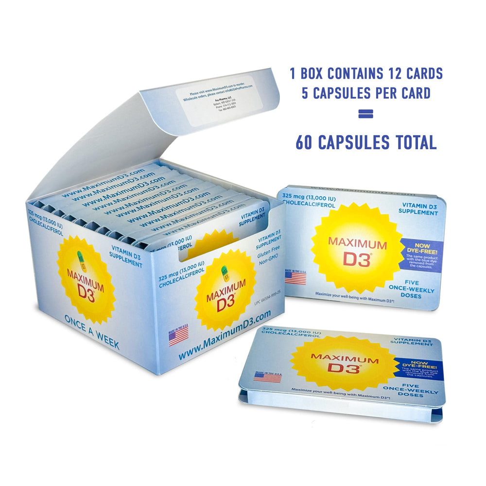 Maximum D3 card pack displays 12 dosing cards for easy scheduling.