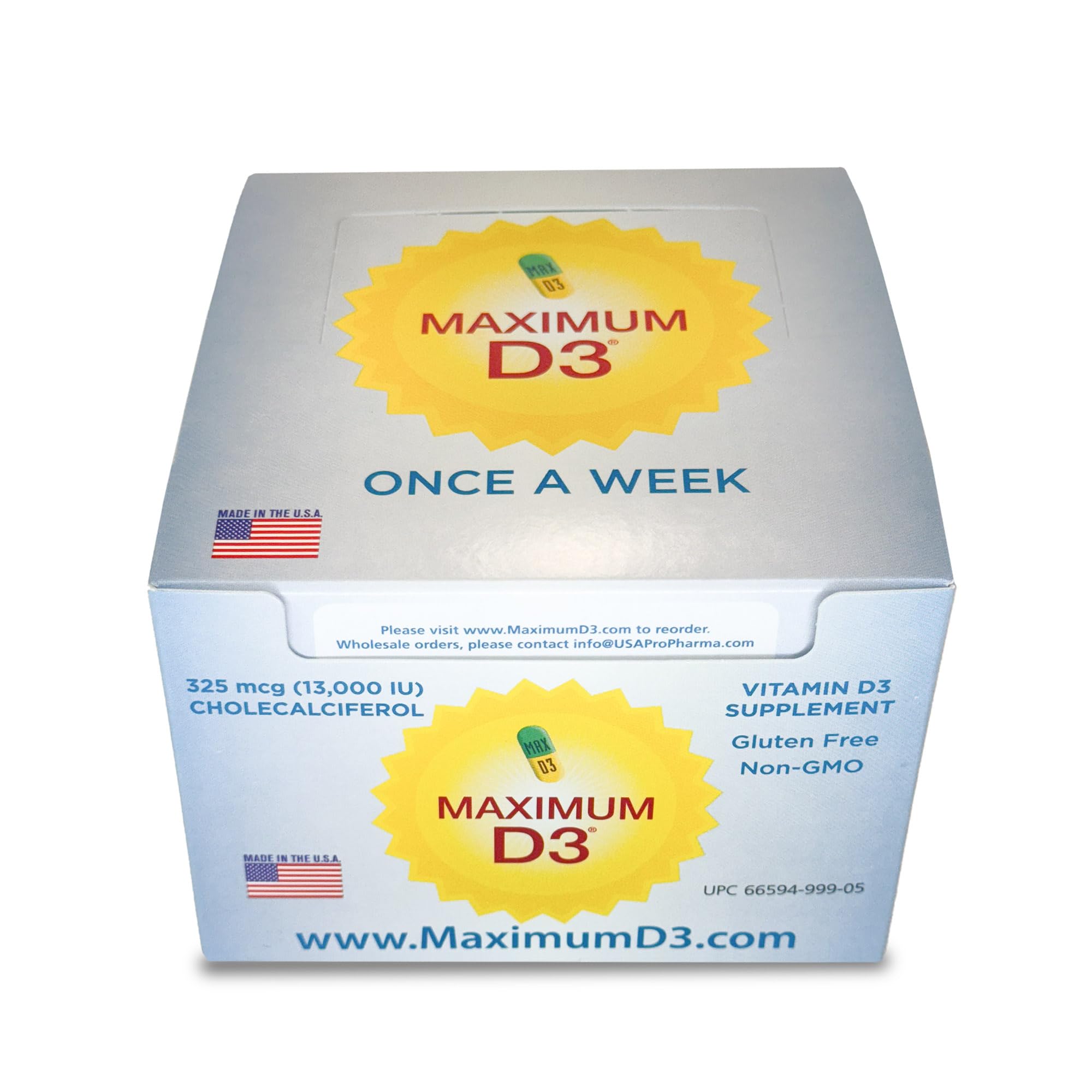 Maximum D3 USA manufacturing standards appear on the label close-up.