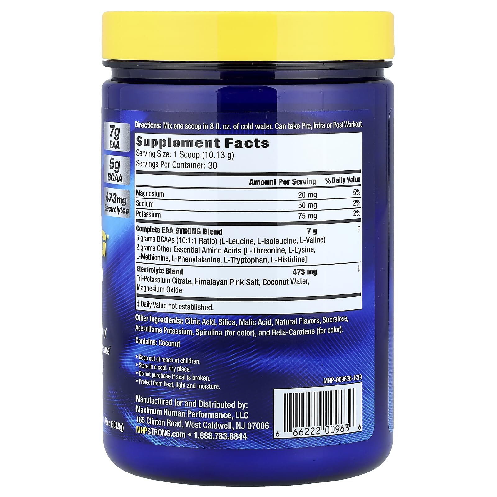Maximum Human Performance MHP EAA Strong label closeup highlights vegan fermented amino acids