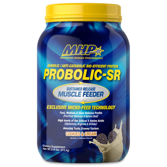 Maximum Human Performance PROBOLIC-SR bottle front view showing cookies & cream protein blend.