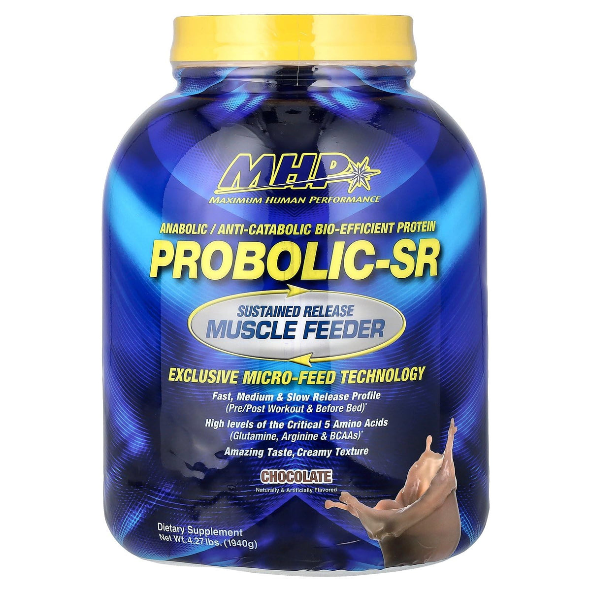 Maximum Human Performance Probolic-SR bottle showing sustained-release protein benefits.