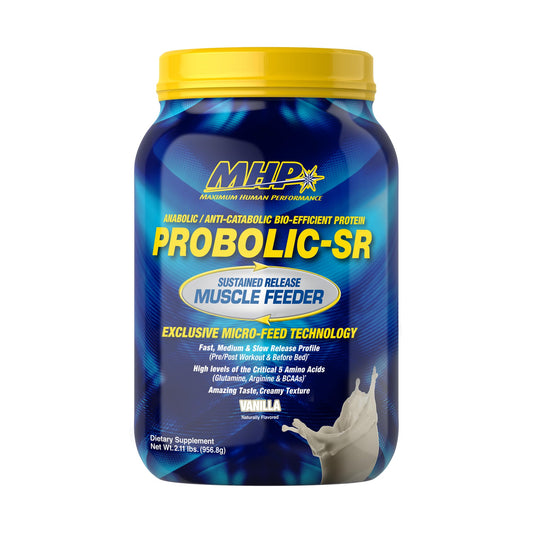 Maximum Human Performance Probolic-SR bottle with vanilla flavor for sustained amino release.