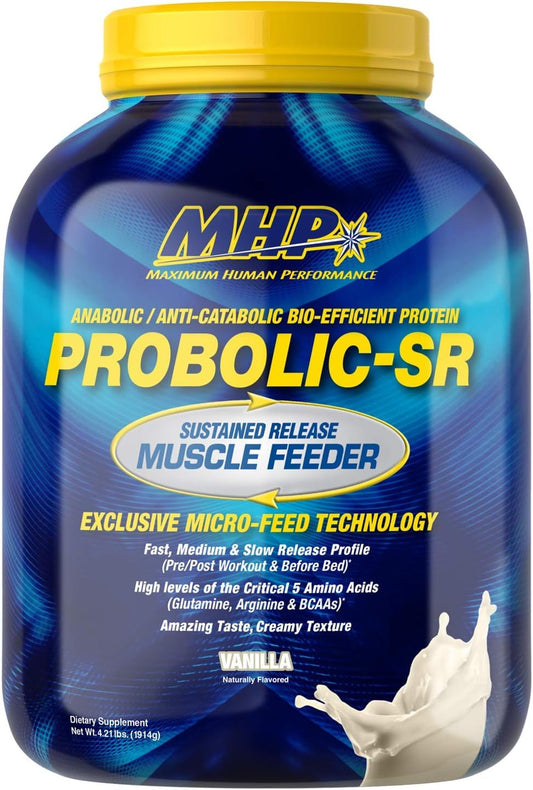 Maximum Human Performance Probolic-SR bottle shows a versatile protein for day and night recovery.