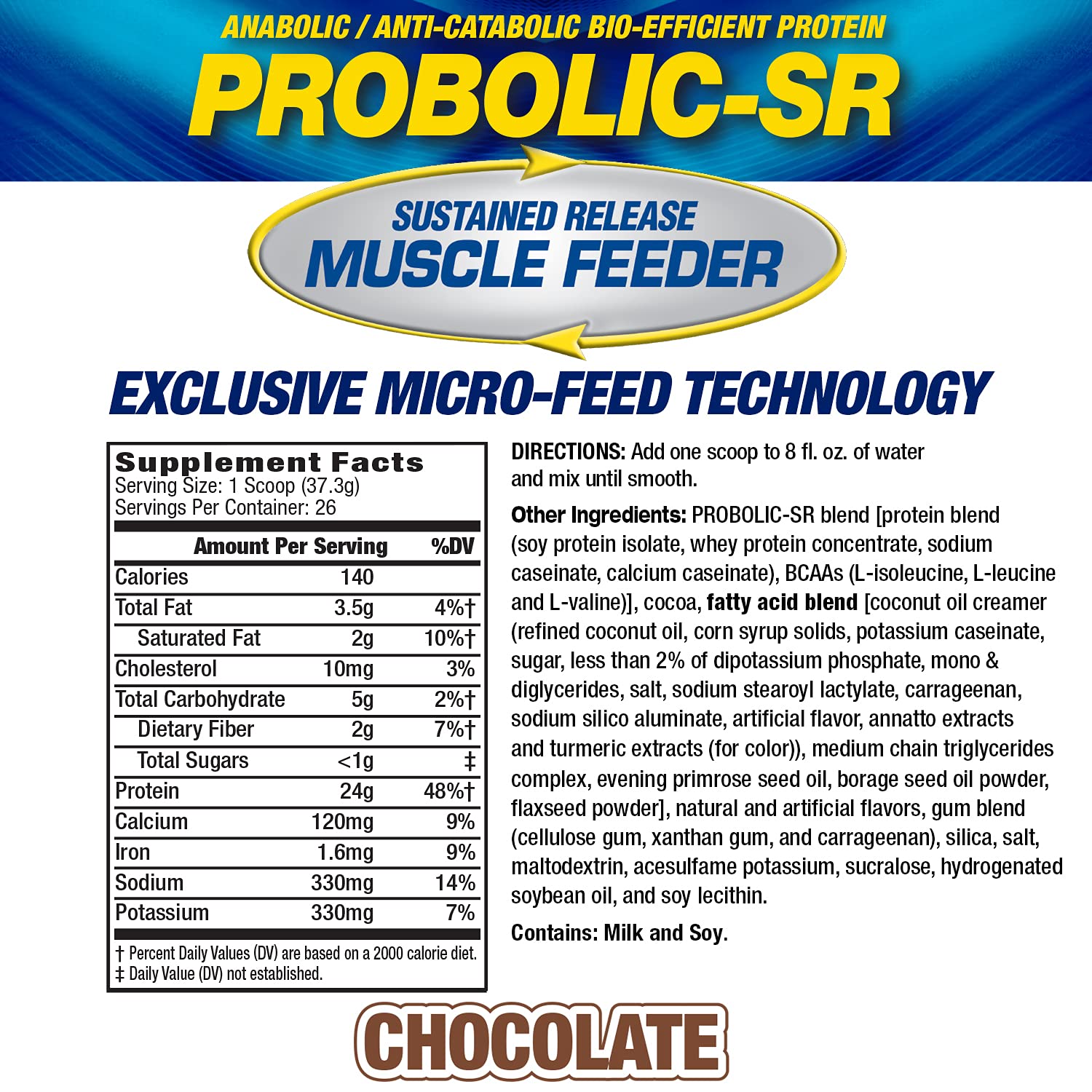 Probolic-SR scoop resting on powder shows fast-acting whey with lasting protein.