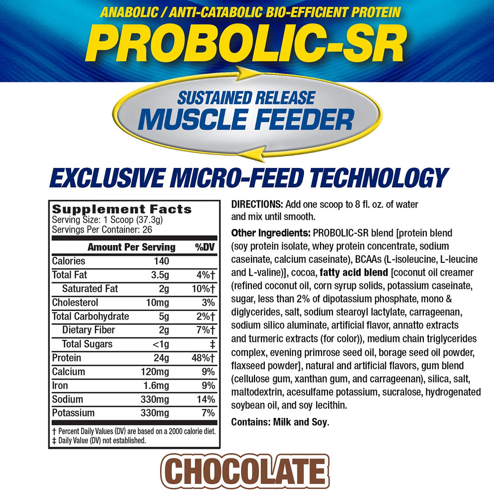 Probolic-SR scoop resting on powder shows fast-acting whey with lasting protein.