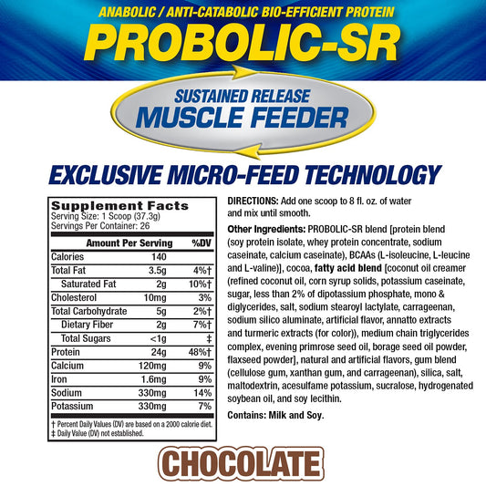Probolic-SR scoop resting on powder shows fast-acting whey with lasting protein.