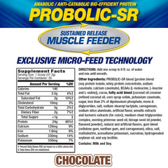Probolic-SR scoop resting on powder shows fast-acting whey with lasting protein.
