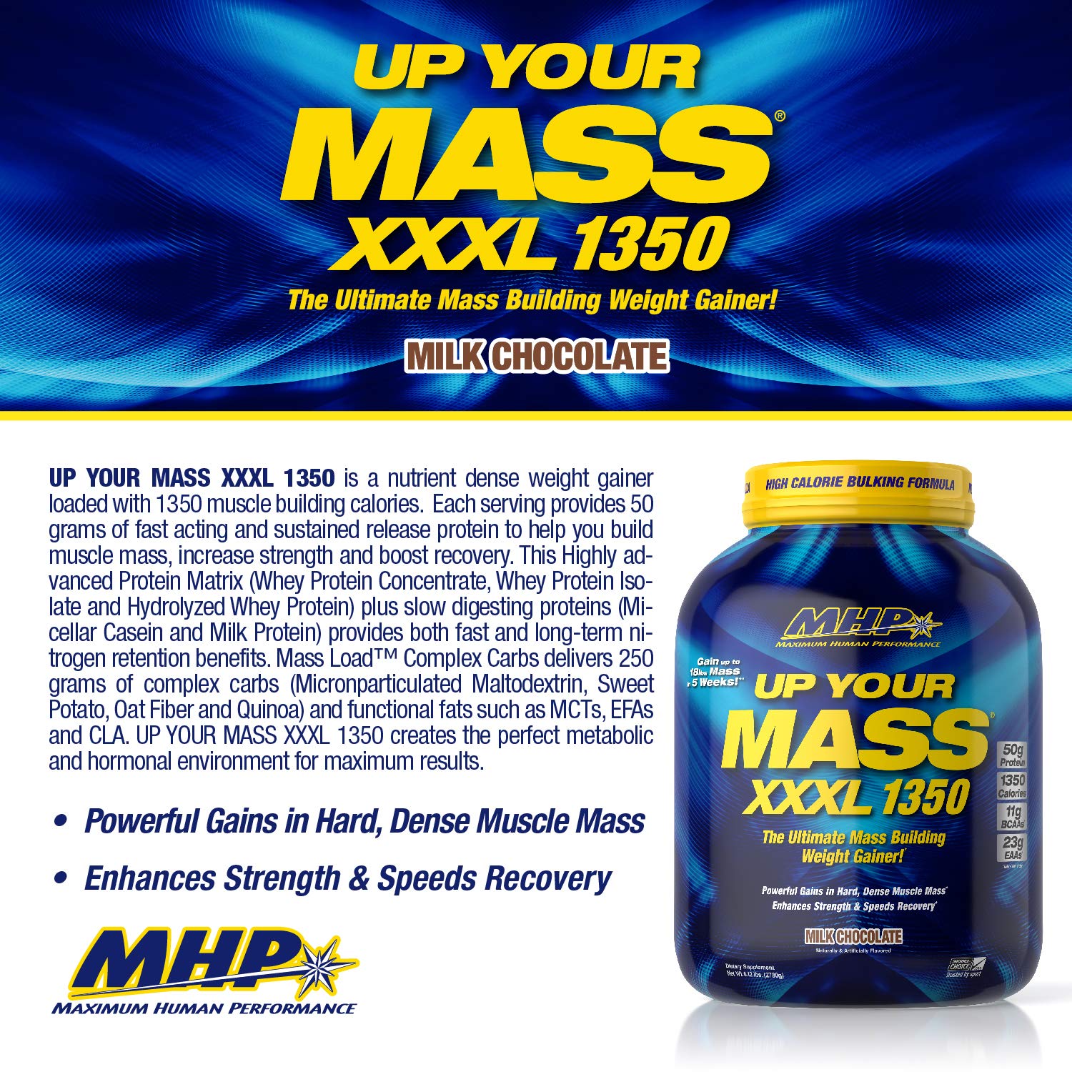 Maximum Human Performance UYM XXXL tub with scoop highlights 50g protein per serving