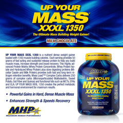 Maximum Human Performance UYM XXXL tub with scoop highlights 50g protein per serving