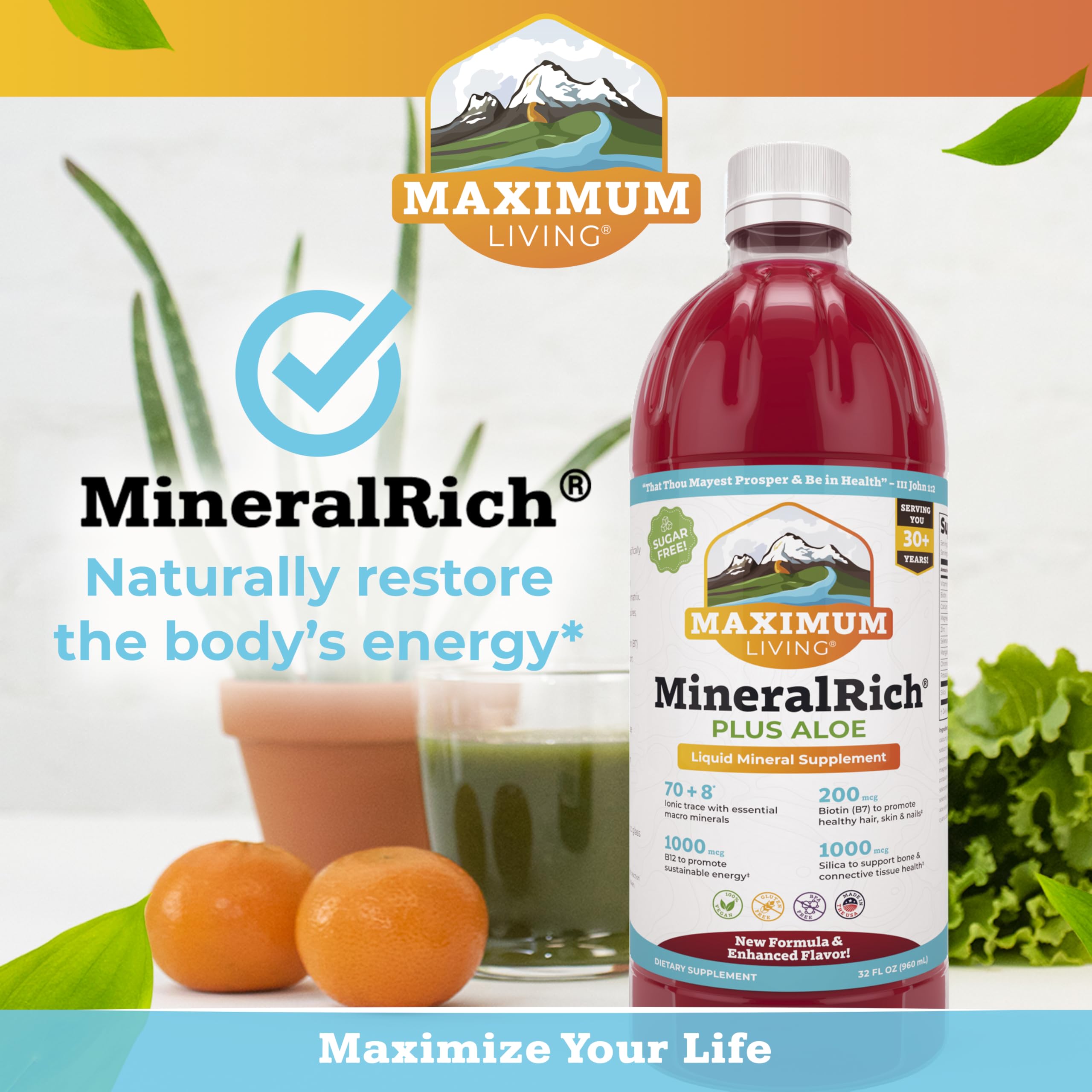 Maximum Living MineralRich bottle with dropper demonstrates easy dosing