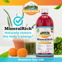 Maximum Living MineralRich bottle with dropper demonstrates easy dosing