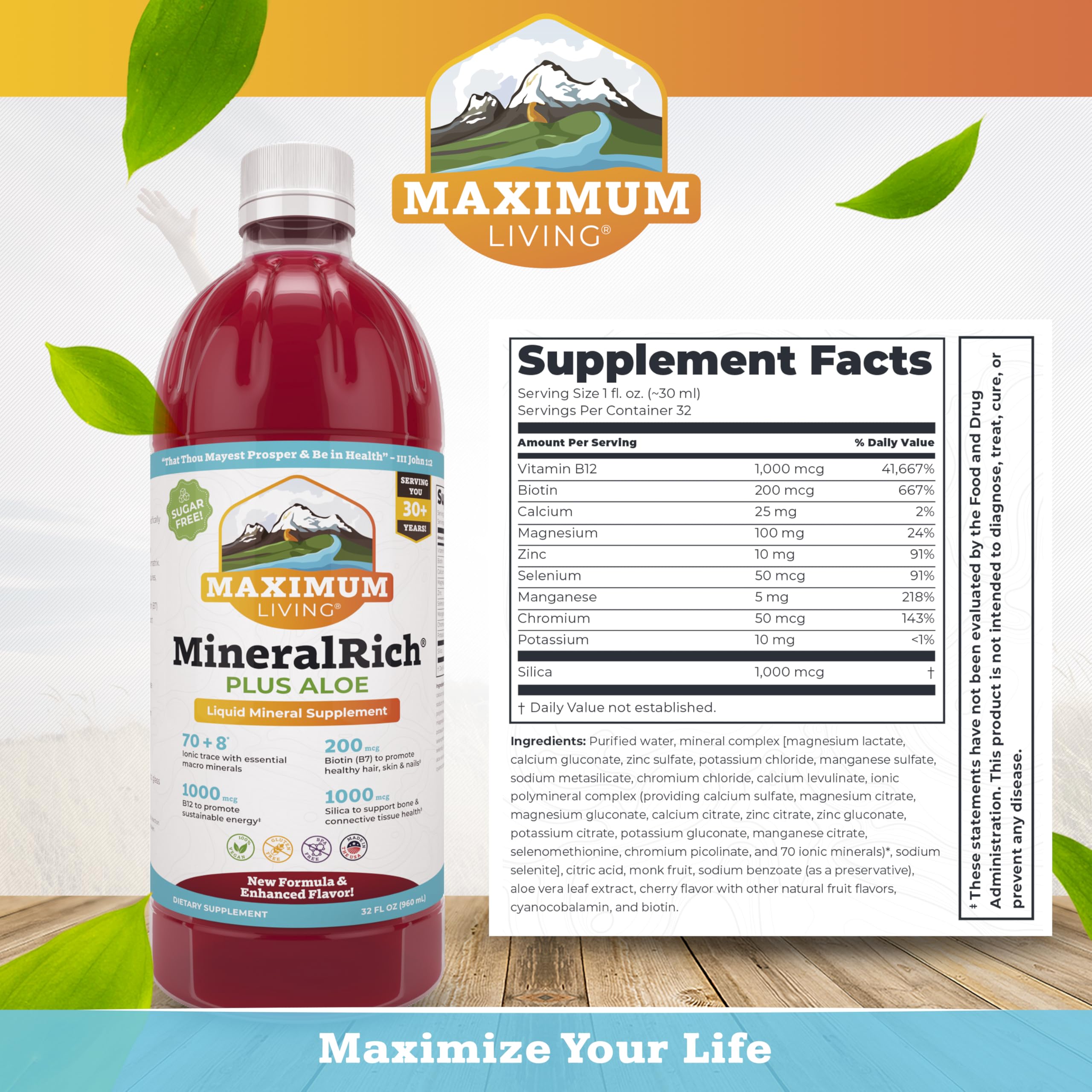 Maximum Living MineralRich label closeup highlights minerals and Aloe