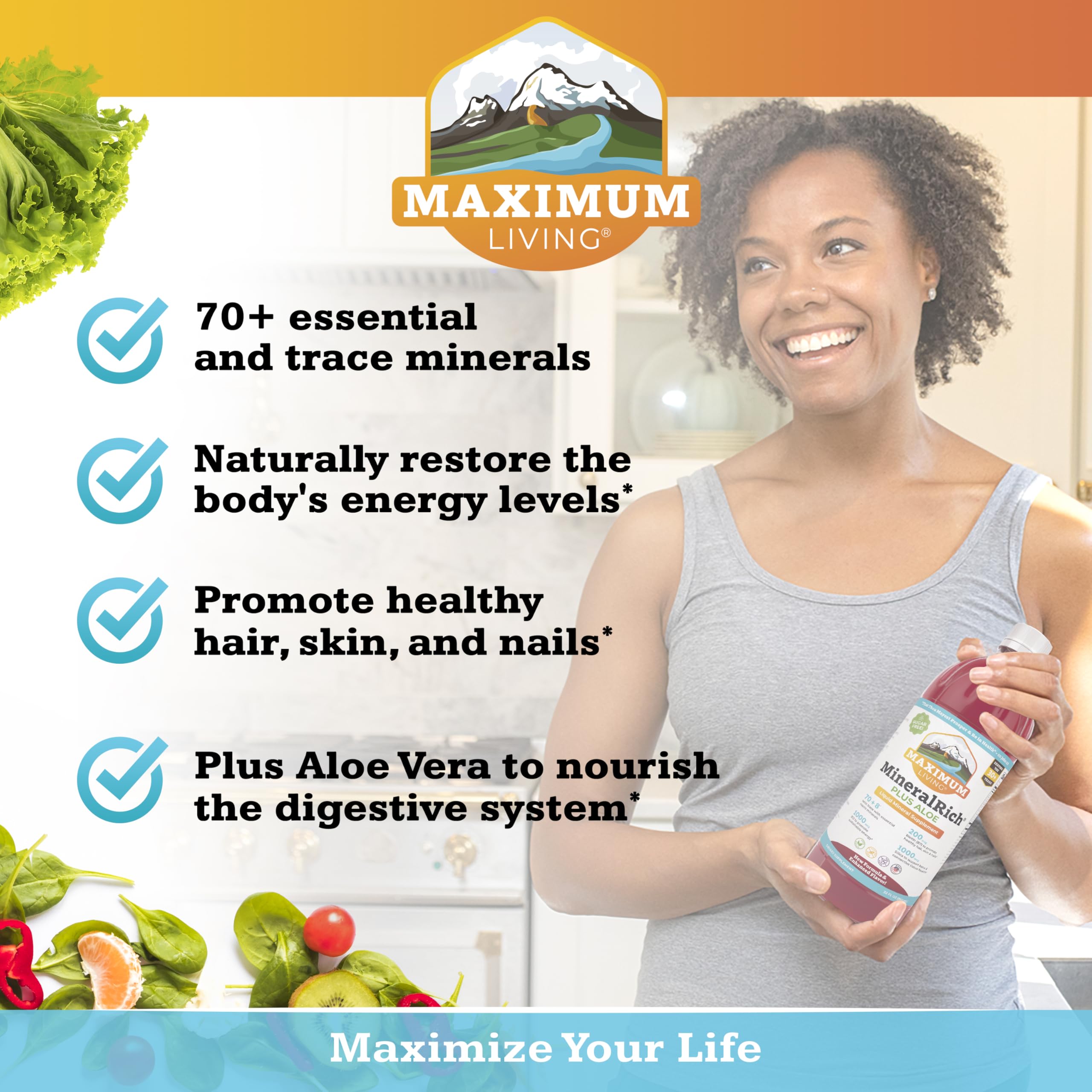 Maximum Living MineralRich liquid with Aloe and trace minerals for balance