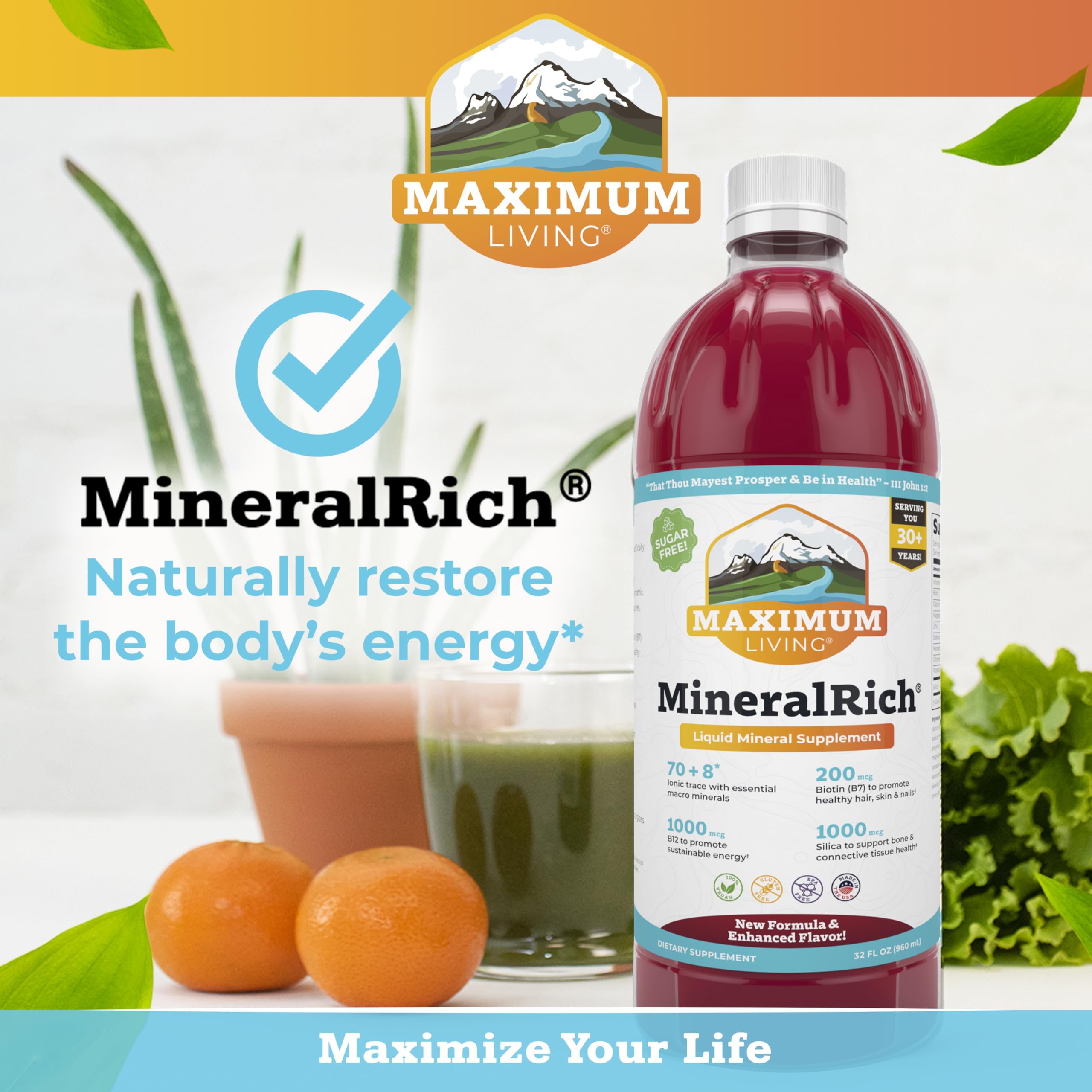 Maximum Living MineralRich bottle backinfo noting no sugar or calories.