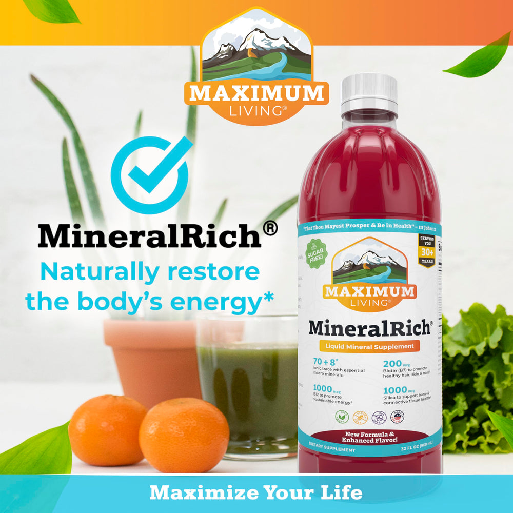 Maximum Living MineralRich bottle backinfo noting no sugar or calories.