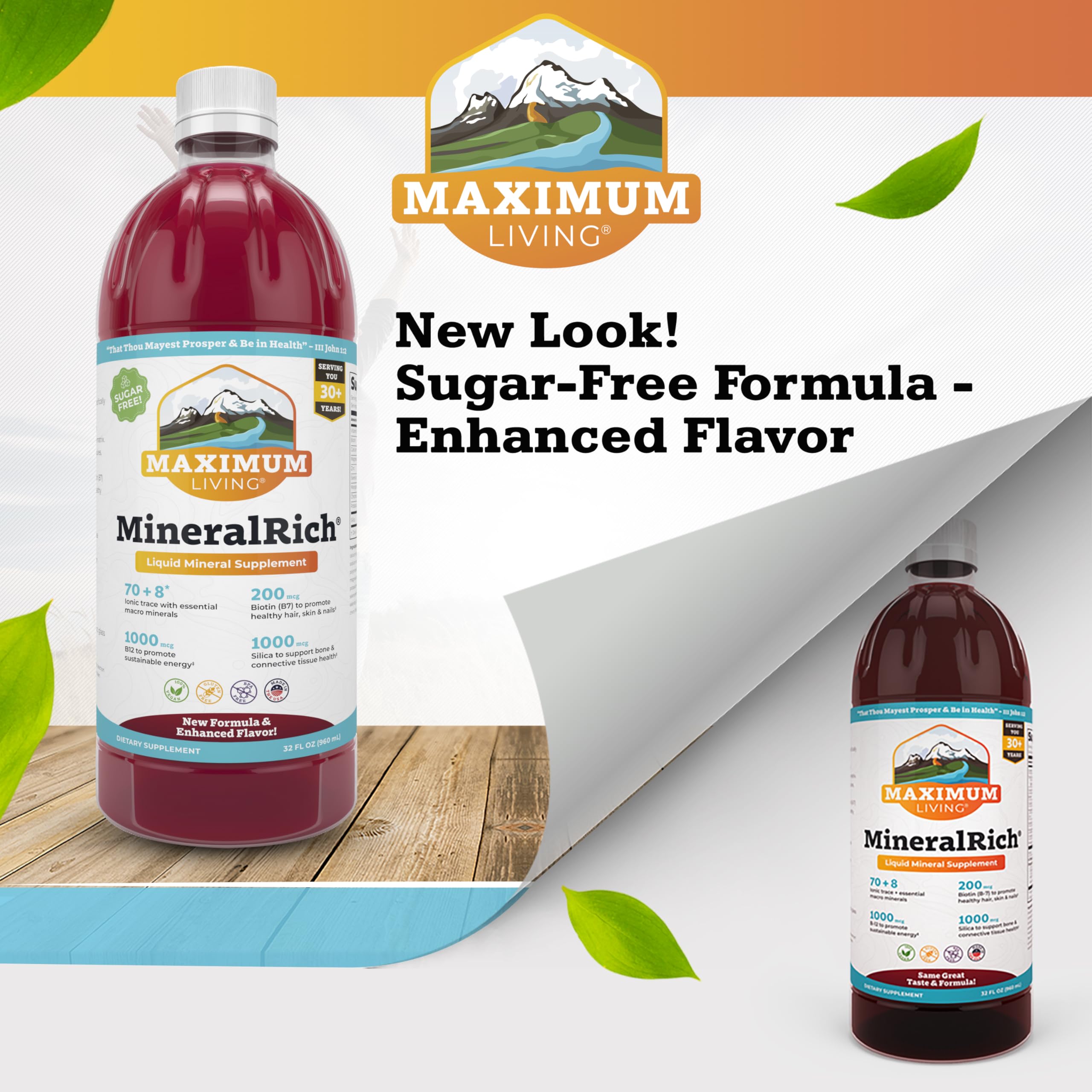 Maximum Living MineralRich bottle front showing size and packaging.