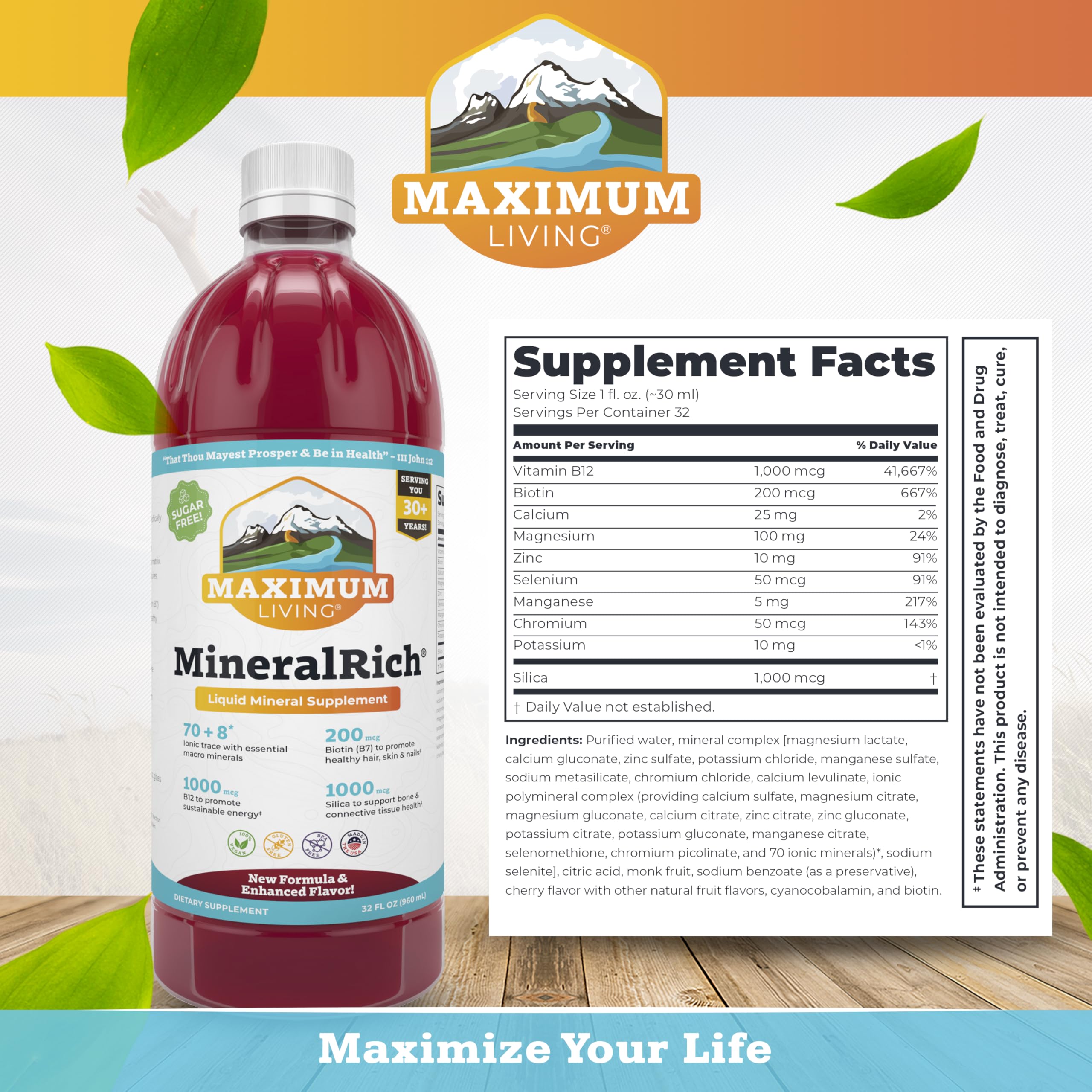 Maximum Living MineralRich bottle label with product details and ingredients.