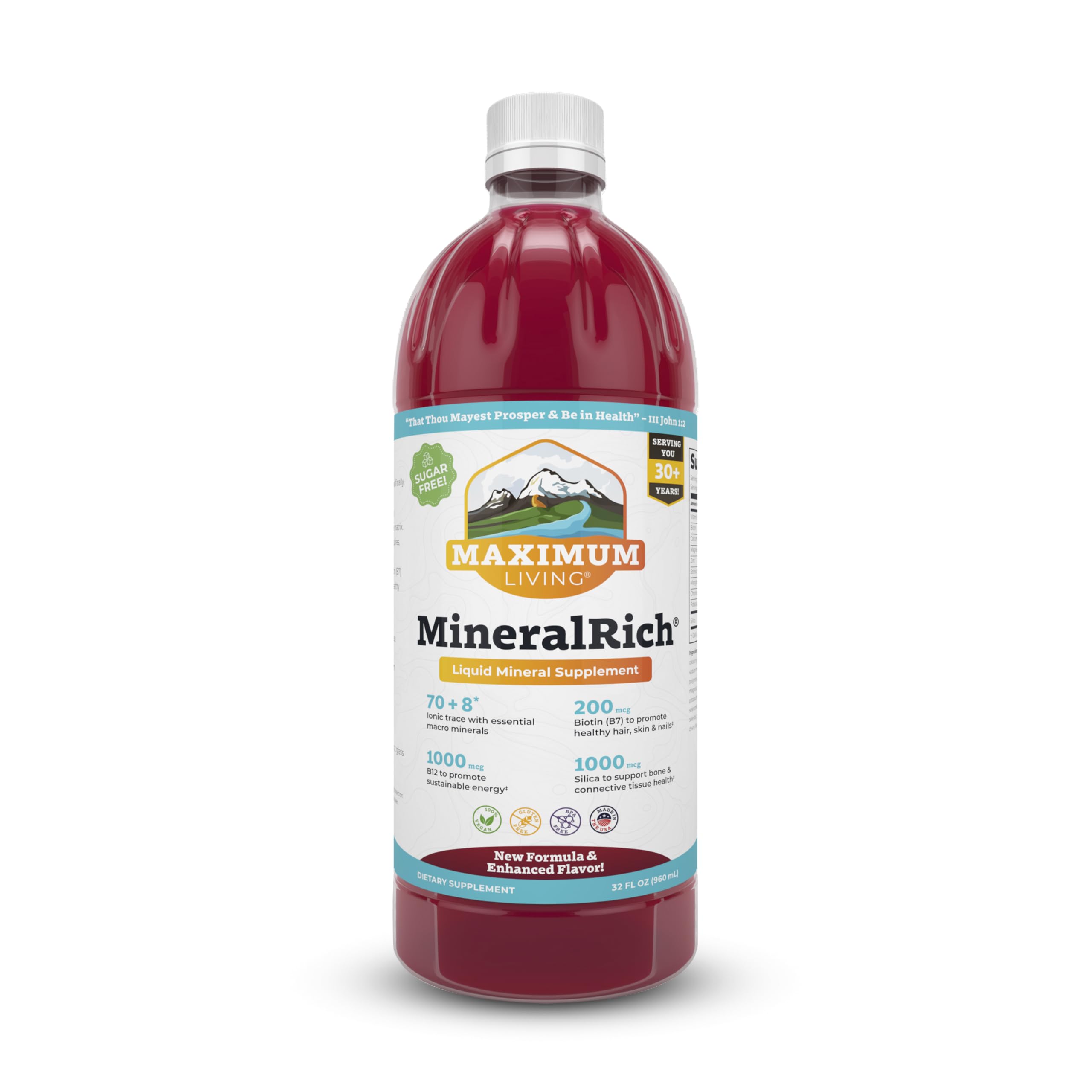 Maximum Living MineralRich bottle pour for easy daily mineral intake.