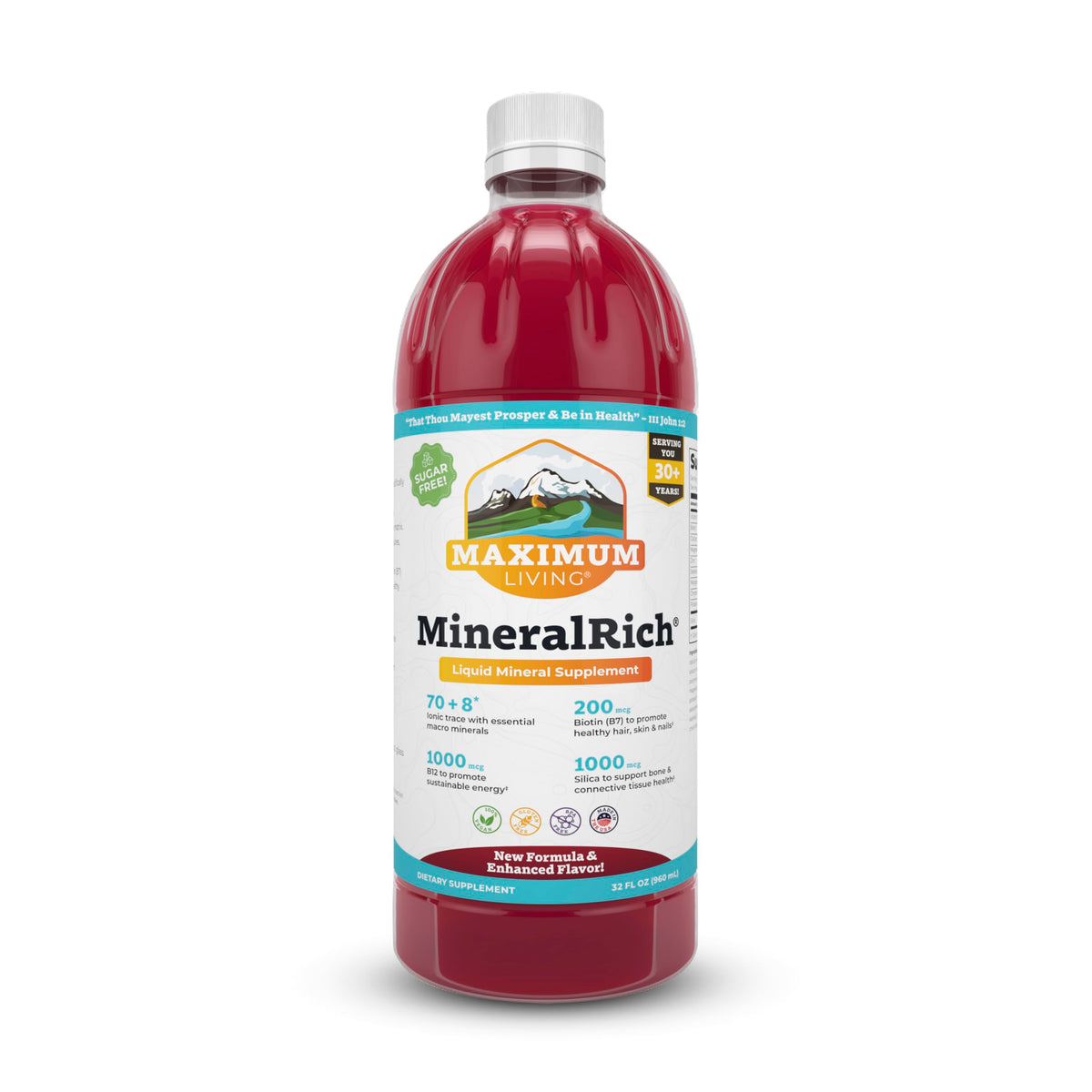Maximum Living MineralRich bottle pour for easy daily mineral intake.
