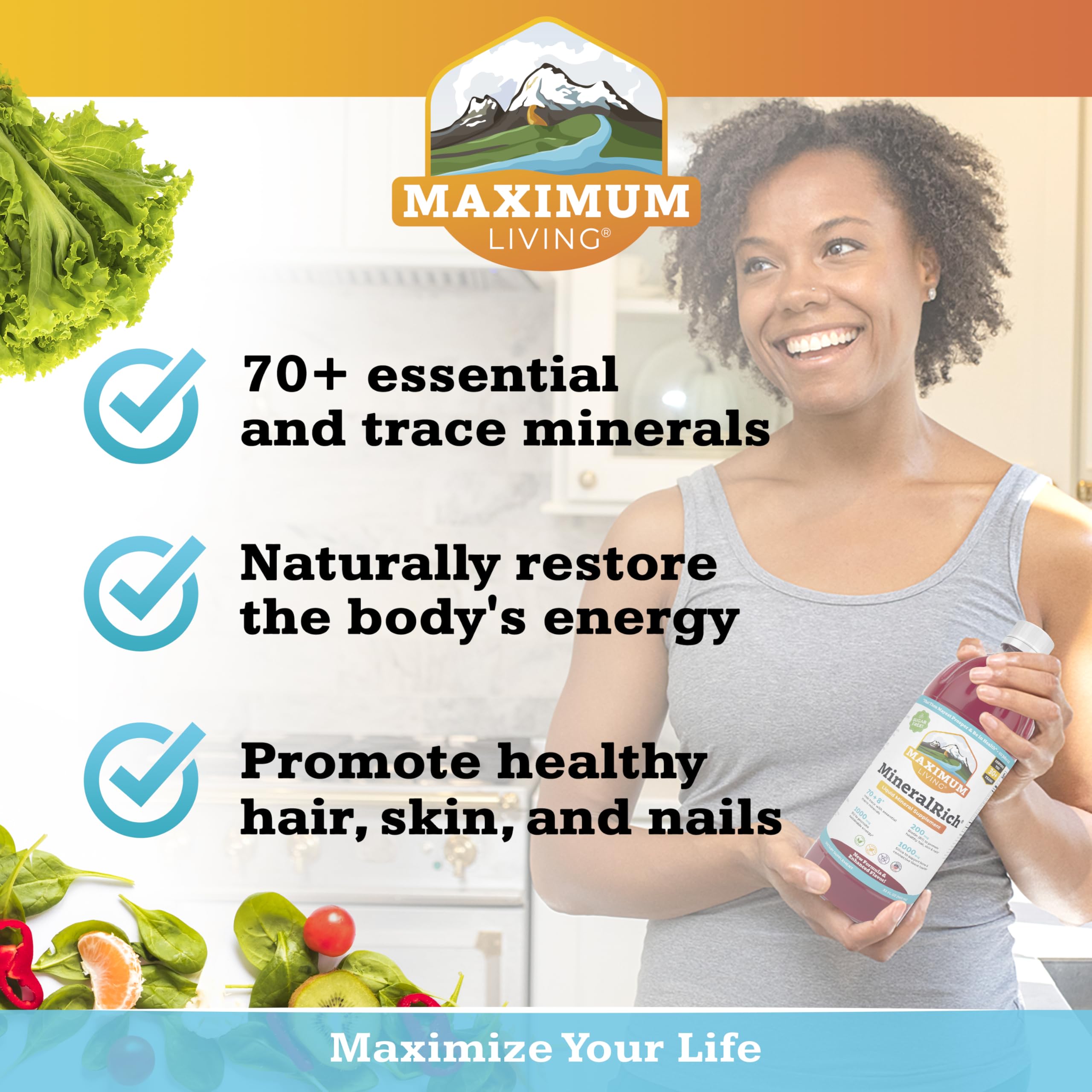 Maximum Living MineralRich liquid closeup highlighting the mineral blend.