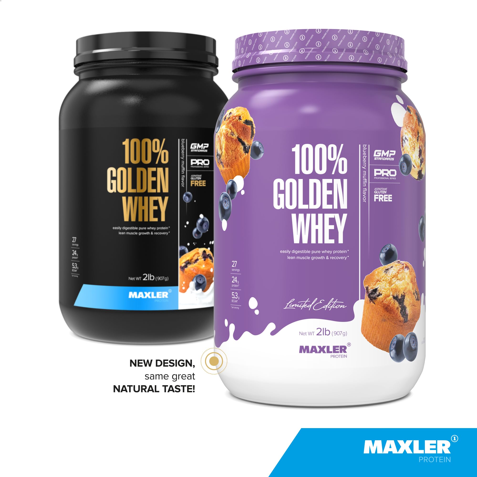 Maxler 100% Golden Whey bottle pours, suggesting convenient post-workout protein.