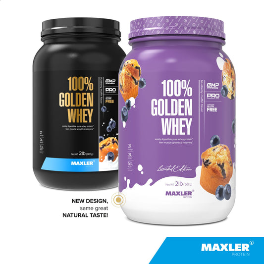 Maxler 100% Golden Whey bottle pours, suggesting convenient post-workout protein.