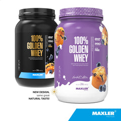Maxler 100% Golden Whey bottle pours, suggesting convenient post-workout protein.