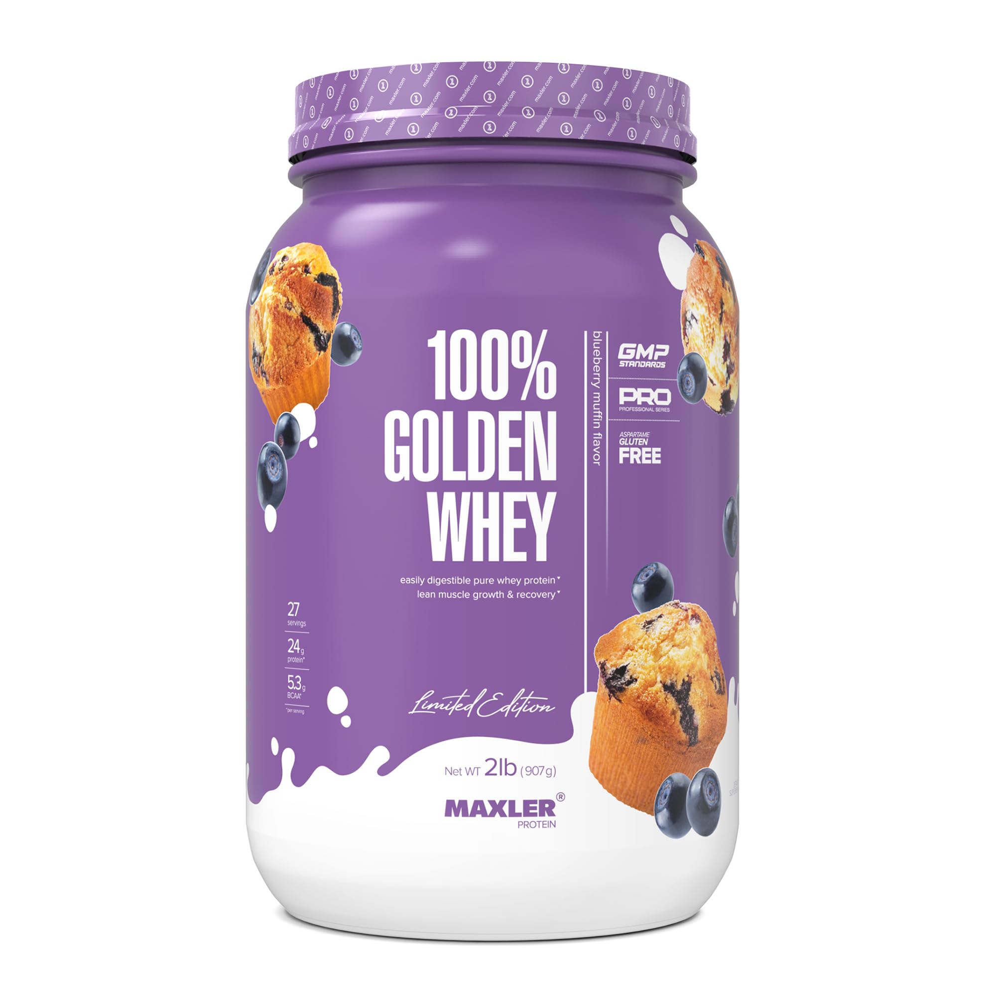 Maxler 100% Golden Whey Blueberry Muffin tub shows protein-rich powder for daily shakes.
