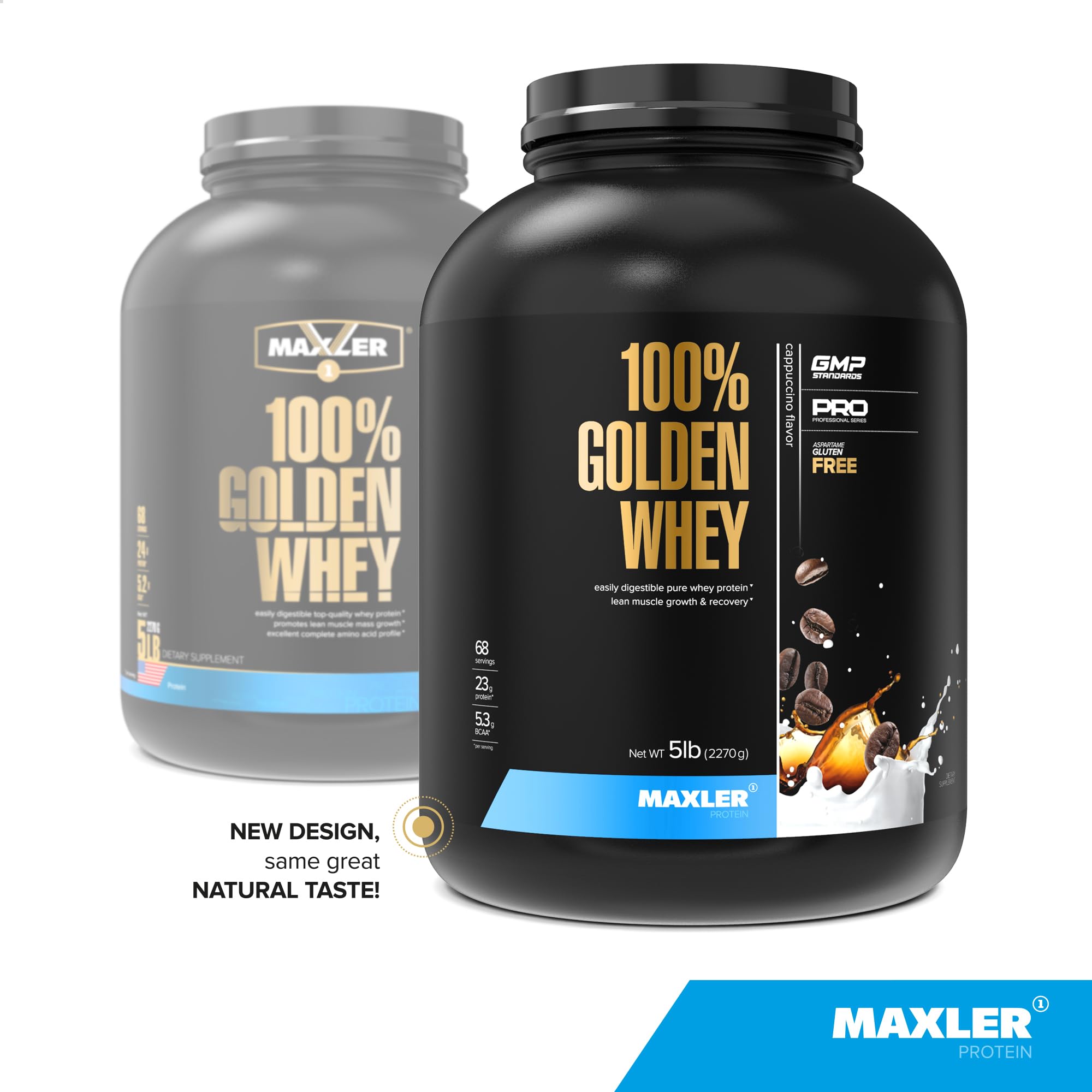 Maxler 100% Golden Whey cappuccino shake shows creamy texture