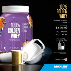 Maxler 100% Golden Whey dry scoop shows high-protein serving and easy mixing.