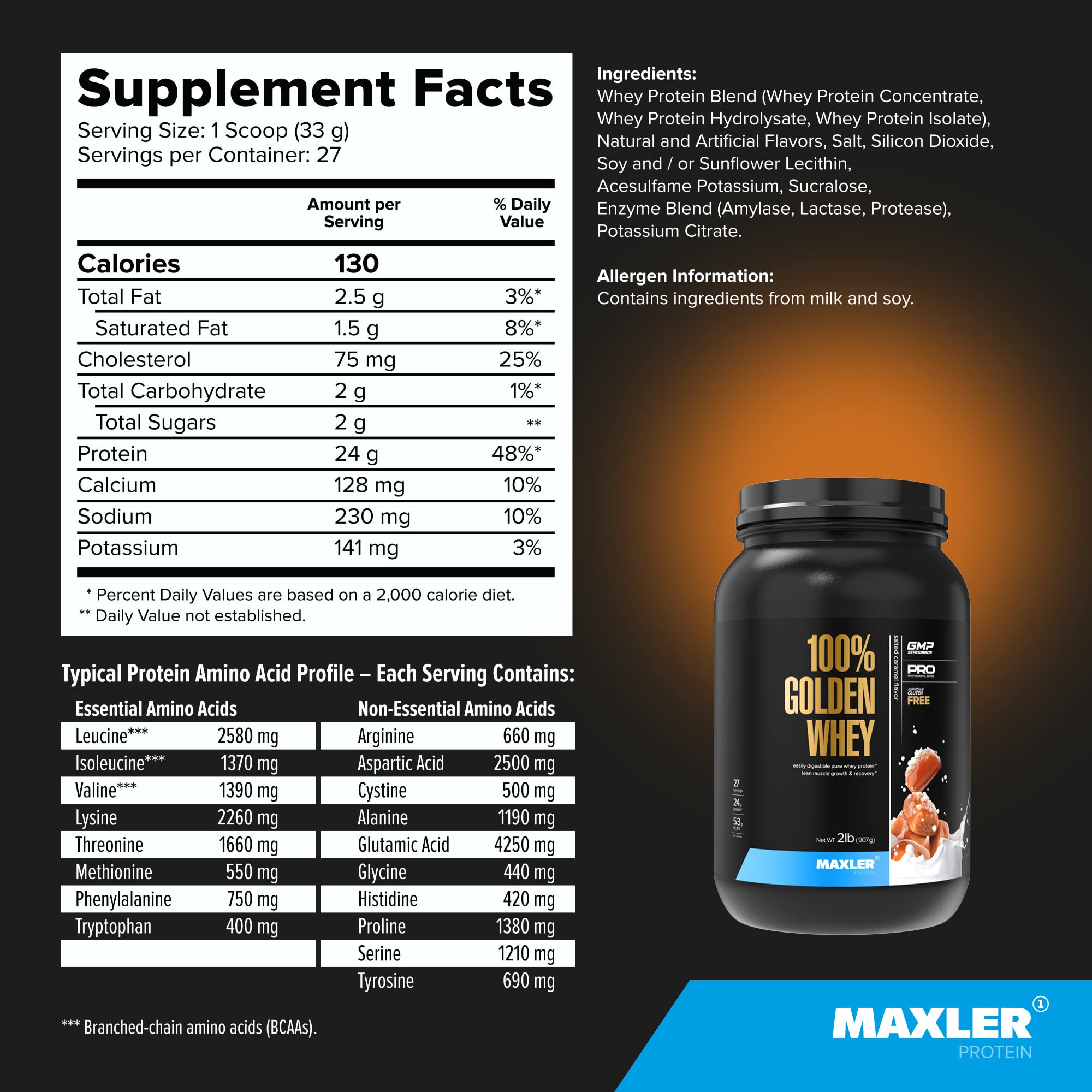 Maxler 100% Golden Whey powder closeup emphasizing fine texture and low sugar.