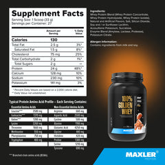 Maxler 100% Golden Whey powder closeup emphasizing fine texture and low sugar.