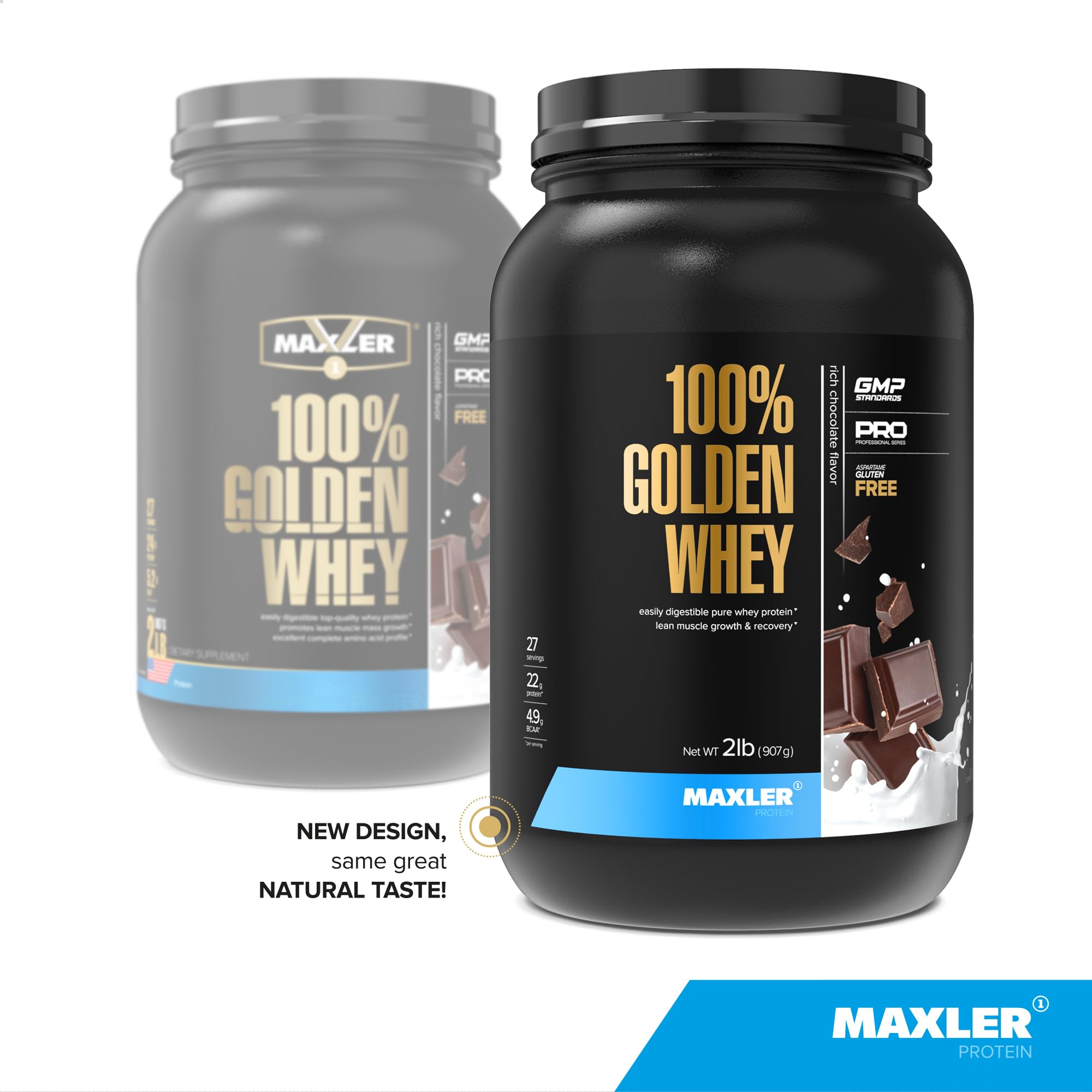 Maxler 100% Golden Whey scoop shows powder ready for quick mixing.