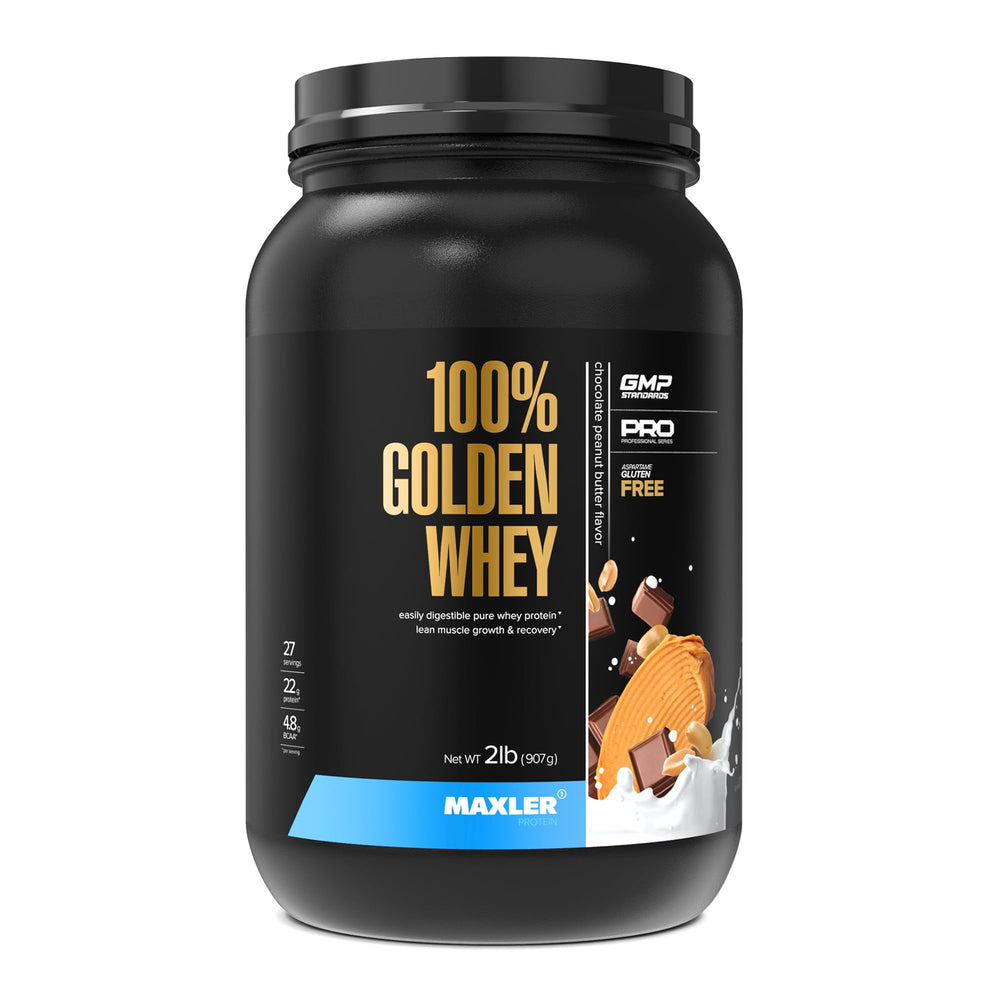 Maxler 100 Percent Golden Whey bottle for post-workout recovery.