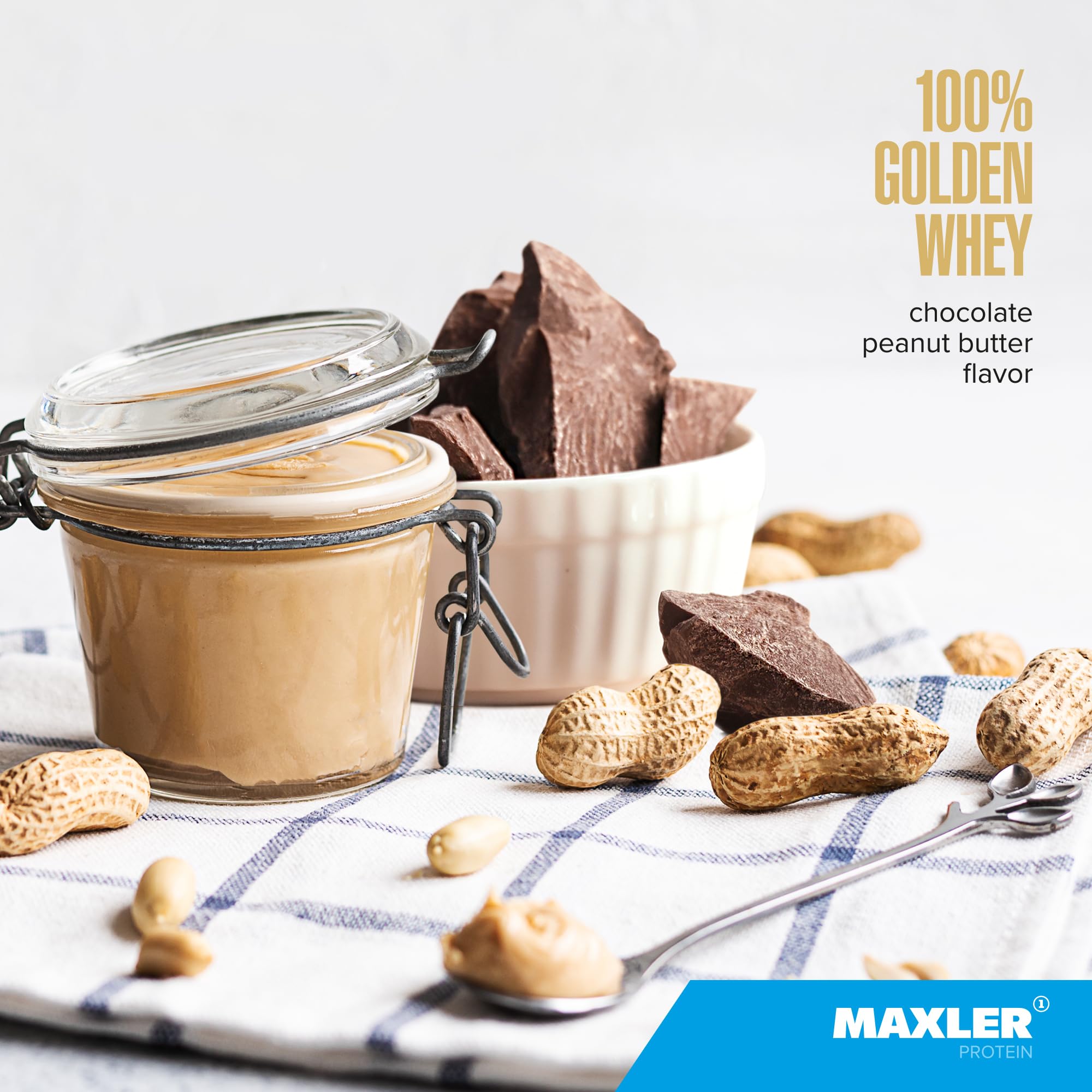 Maxler 100 Percent Golden Whey powder jar for convenient protein supplementation.