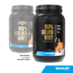 Maxler 100 Percent Golden Whey shaker with rich chocolate peanut butter flavor.