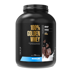 Maxler 100% Golden Whey close-up shows premium protein blend in powder form.