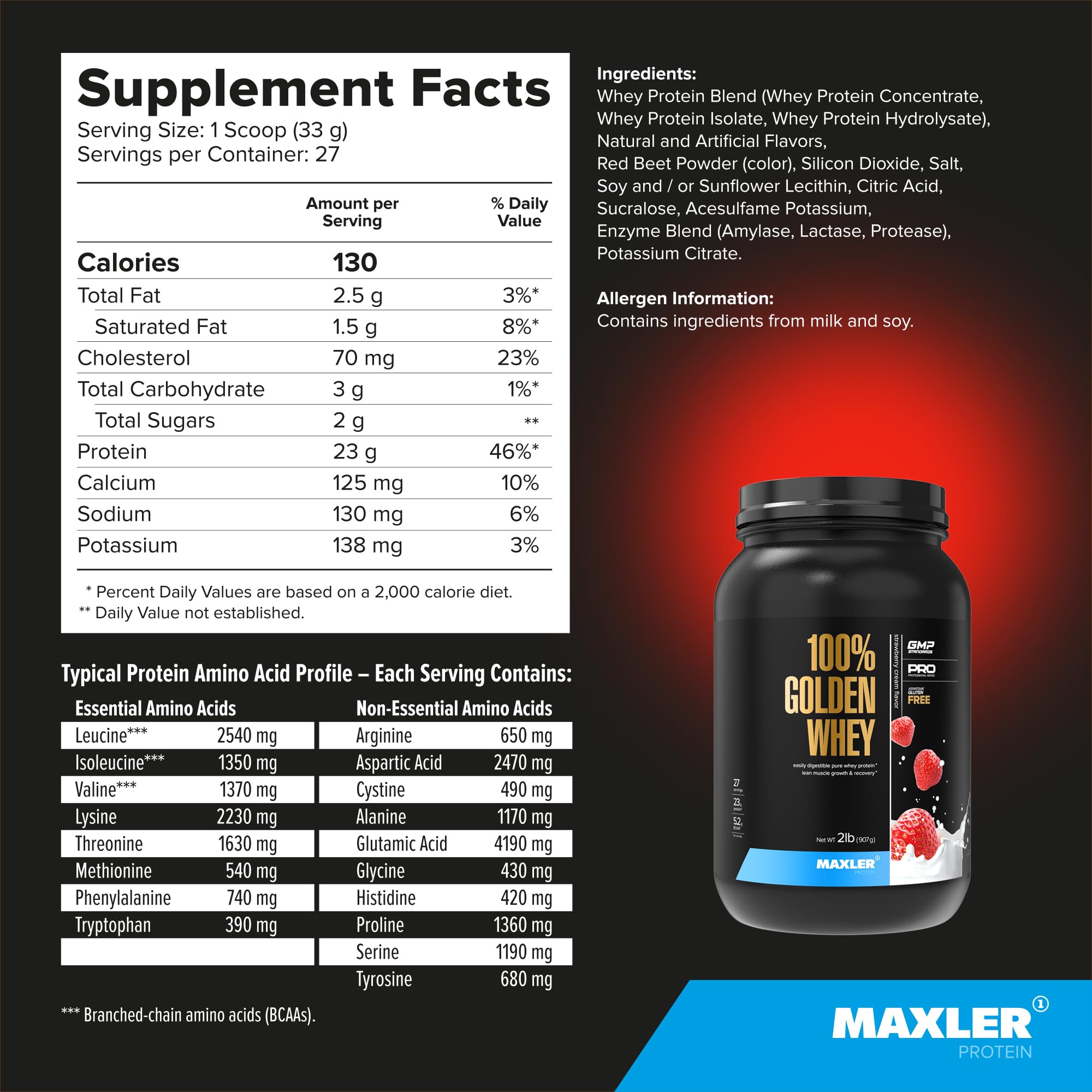 Maxler 100% Golden Whey nutrition facts panel highlights 23 g protein per serving.