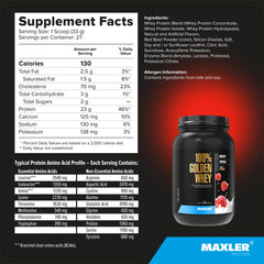 Maxler 100% Golden Whey nutrition facts panel highlights 23 g protein per serving.
