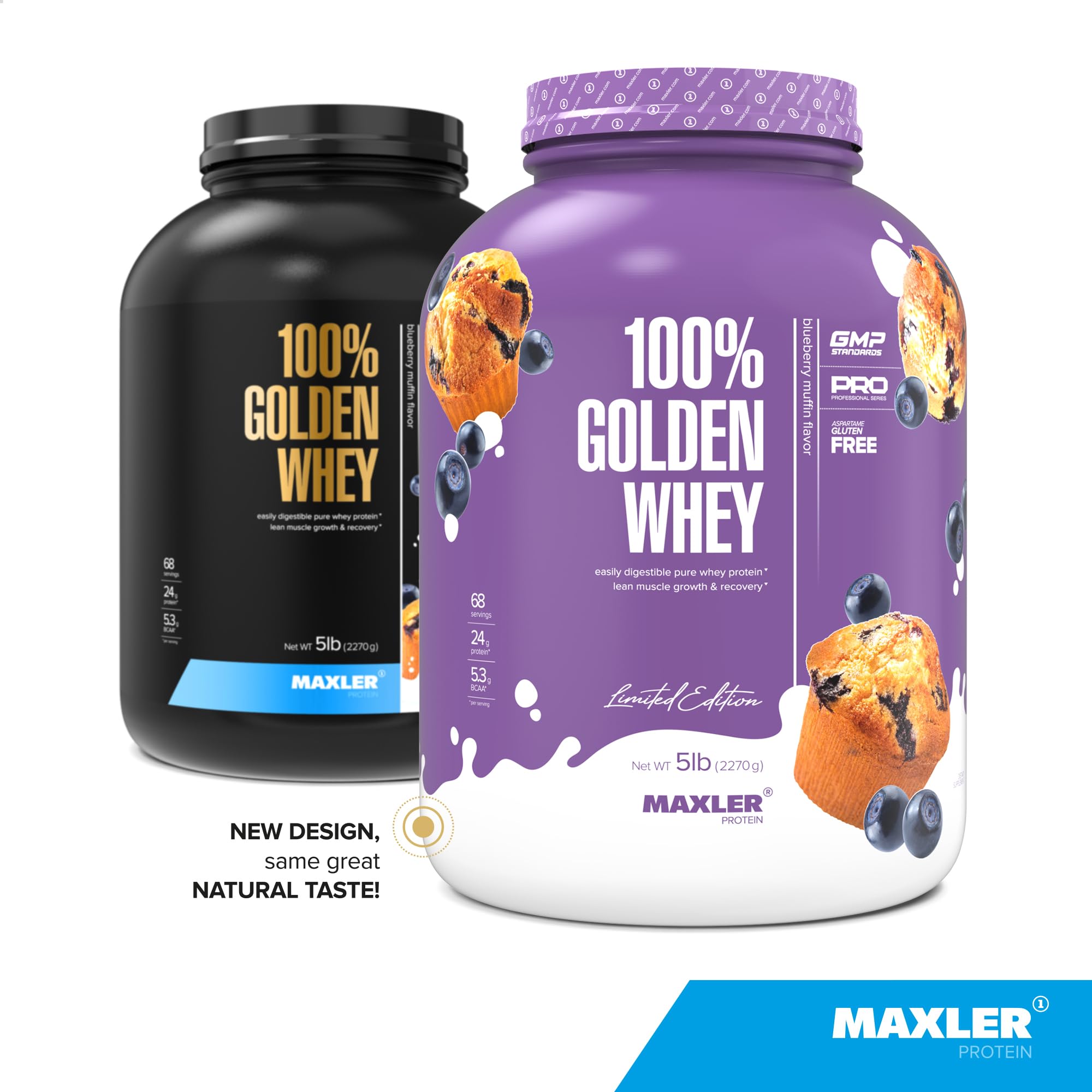 Maxler 100% Golden Whey blueberry muffin tub label highlights flavor and protein blend