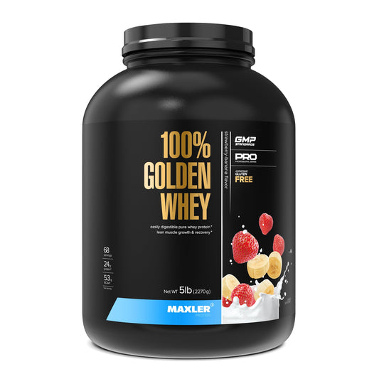 Maxler 100% Golden Whey bottle highlights a premium whey blend for post-workout recovery.