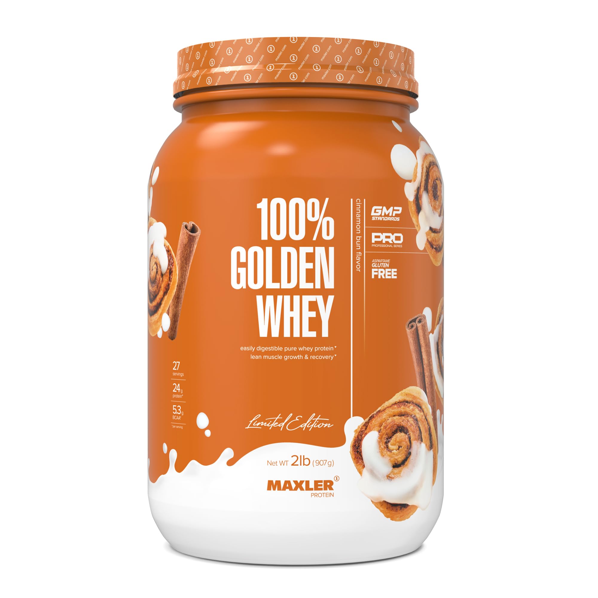 Maxler 100% Golden Whey Cinnamon Bun bottle for post-workout protein