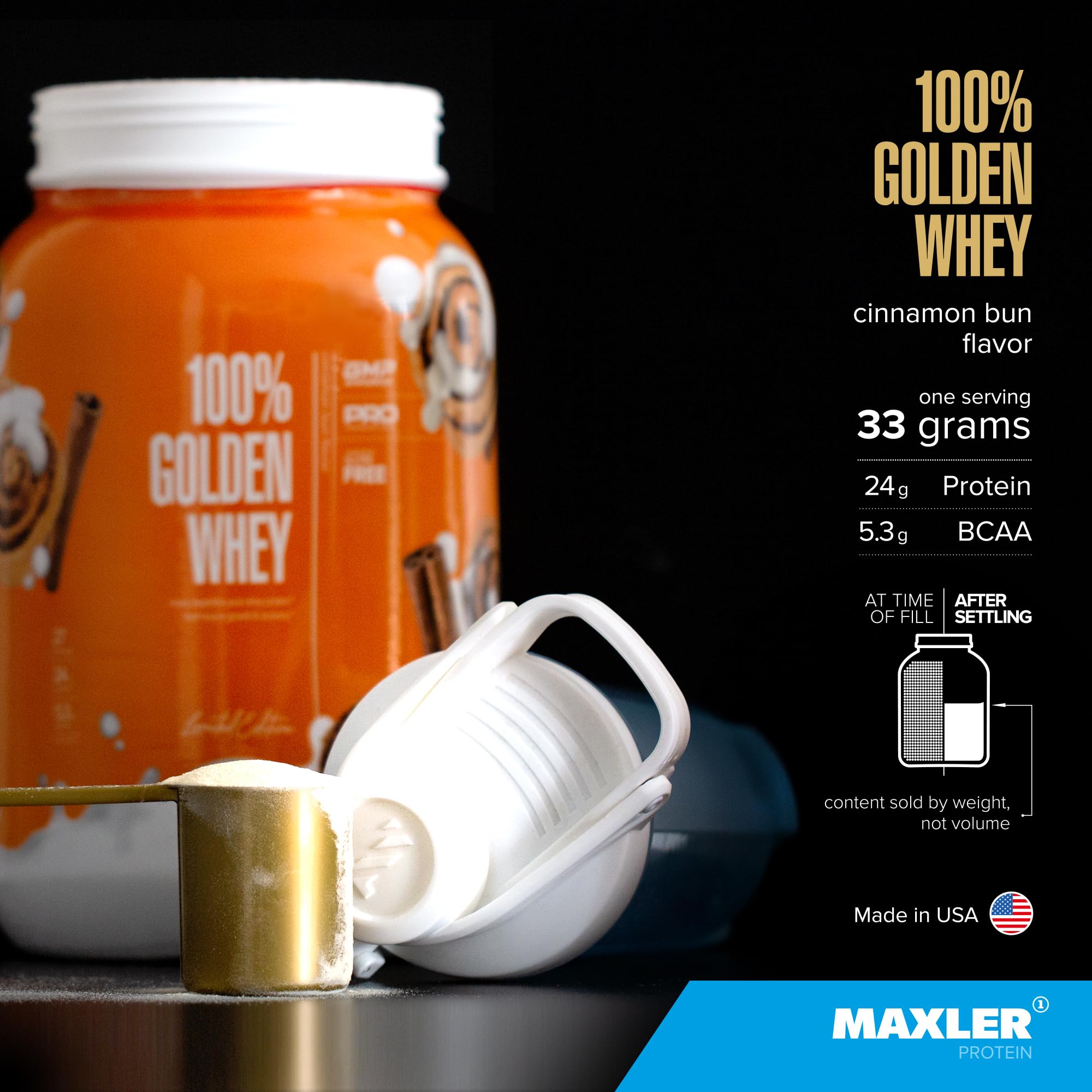 Close-up of Maxler Golden Whey powder for fast-absorbing protein