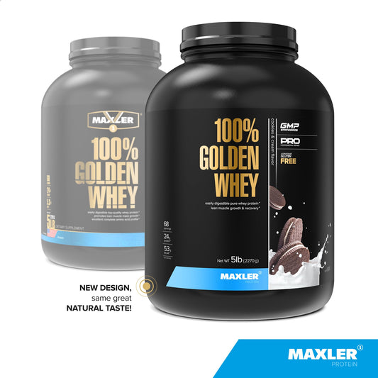Pouring Maxler 100% Golden Whey into a shaker for a quick post-workout shake