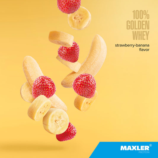 Scoop of Maxler 100% Golden Whey shows 24 g protein per serving for workouts.