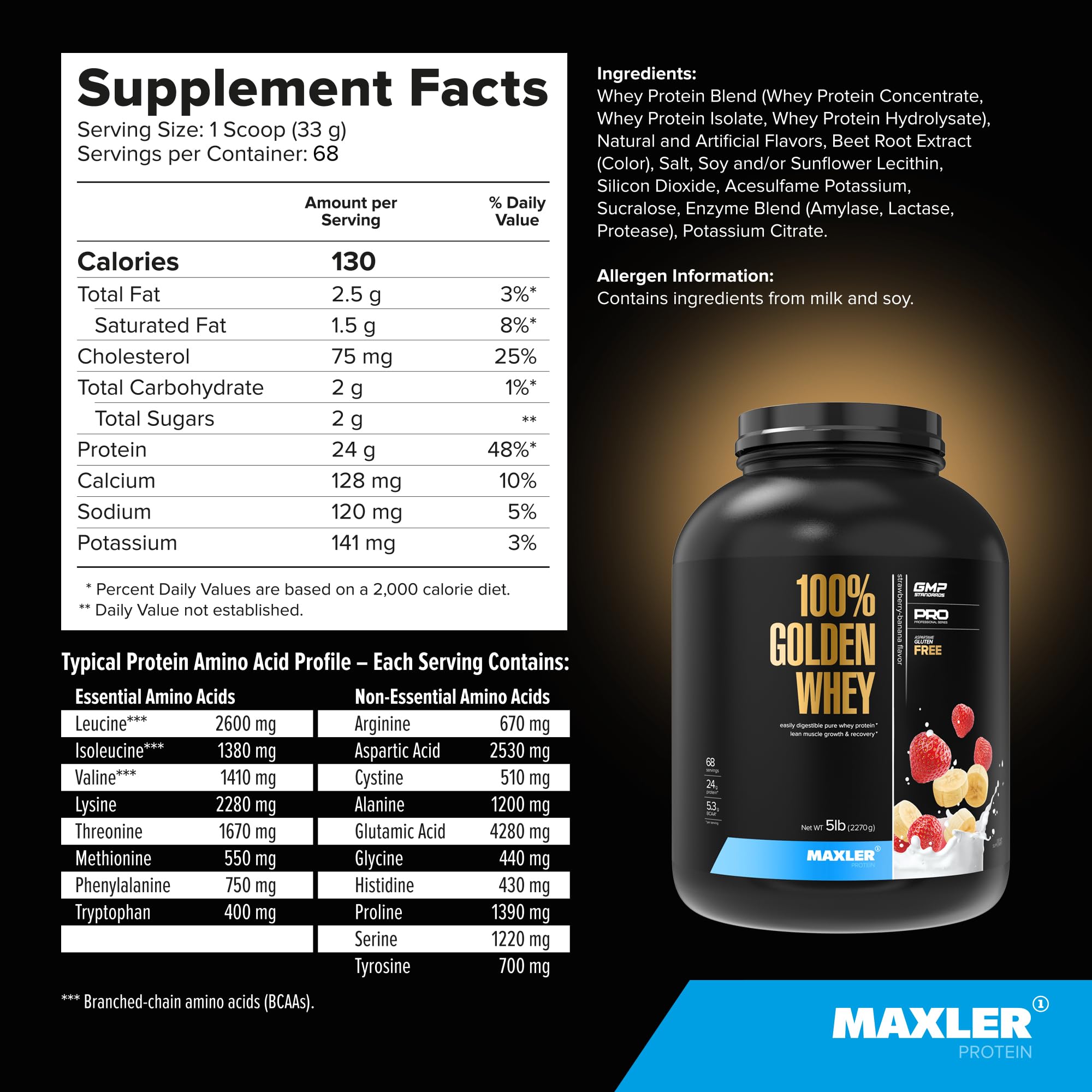 USA-made Maxler 100% Golden Whey with GMP standards badge.